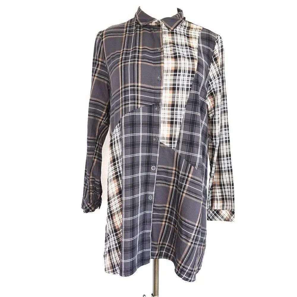 J.Jill Long Multi Plaid Button Down Blouse Tan Black White Size Medium Petite